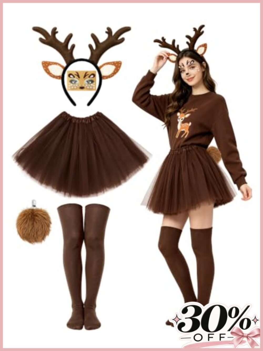 Reindeer Costume Set Antler Headband Tutu Stockings Adult Cosplay